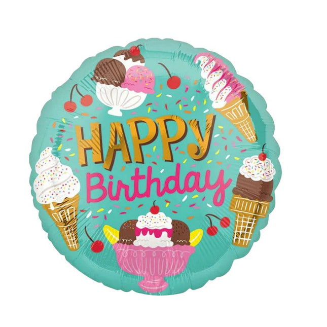 Balon din Folie Metalizata, Mini Figurina Rotunda, Model Inghetata, Happy Birthday, Tematica Aniversare,Ambalaj Individual, Pai Inclus, Umflare cu Aer sau Heliu