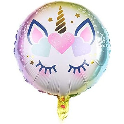 Balon din Folie Metalizata, Mini Figurina Rotunda, Model Unicorn, Happy Birthday, Tematica Aniversare,Ambalaj Individual, Pai Inclus, Umflare cu Aer sau Heliu
