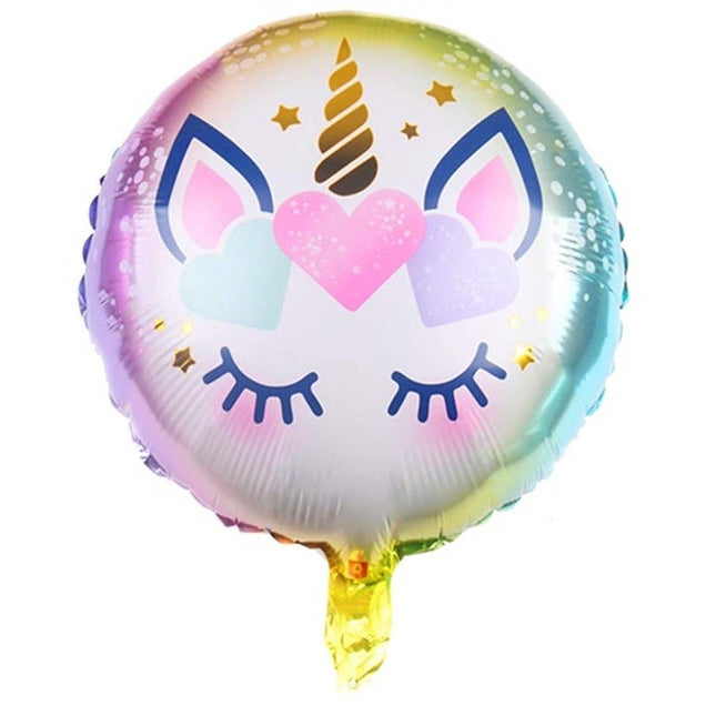 Balon din Folie Metalizata, Mini Figurina Rotunda, Model Unicorn, Happy Birthday, Tematica Aniversare,Ambalaj Individual, Pai Inclus, Umflare cu Aer sau Heliu
