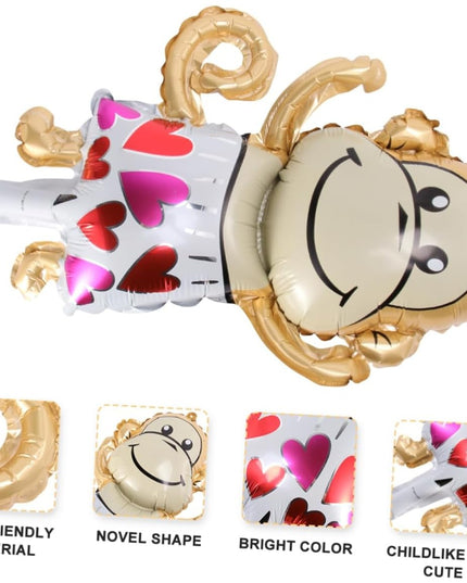 Balon din Folie Metalizata, Mini Figurine Animalute, Model Maimutica, Tematica Aniversare,Ambalaj Individual, Pai Inclus, Umflare cu Aer sau Heliu