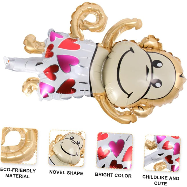 Balon din Folie Metalizata, Mini Figurine Animalute, Model Maimutica, Tematica Aniversare,Ambalaj Individual, Pai Inclus, Umflare cu Aer sau Heliu