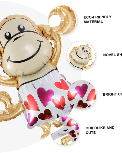 Balon din Folie Metalizata, Mini Figurine Animalute, Model Maimutica, Tematica Aniversare,Ambalaj Individual, Pai Inclus, Umflare cu Aer sau Heliu