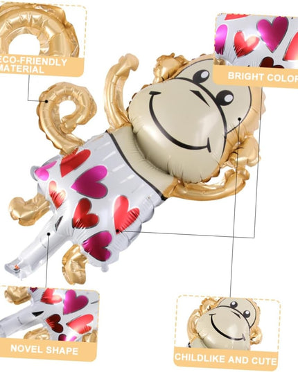 Balon din Folie Metalizata, Mini Figurine Animalute, Model Maimutica, Tematica Aniversare,Ambalaj Individual, Pai Inclus, Umflare cu Aer sau Heliu