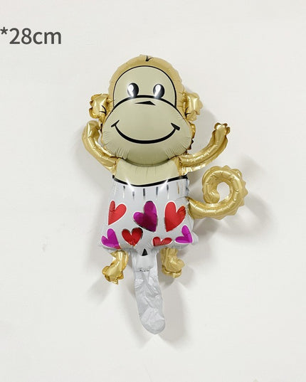Balon din Folie Metalizata, Mini Figurine Animalute, Model Maimutica, Tematica Aniversare,Ambalaj Individual, Pai Inclus, Umflare cu Aer sau Heliu
