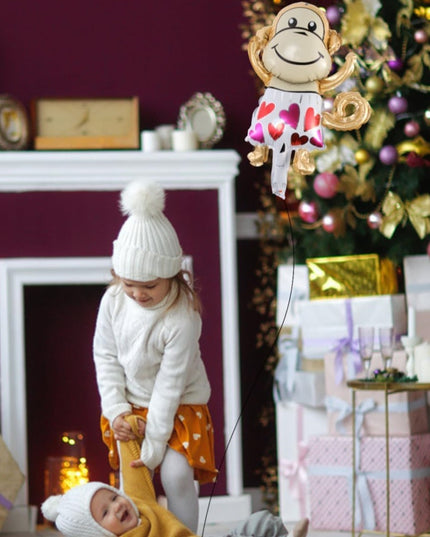 Balon din Folie Metalizata, Mini Figurine Animalute, Model Maimutica, Tematica Aniversare,Ambalaj Individual, Pai Inclus, Umflare cu Aer sau Heliu