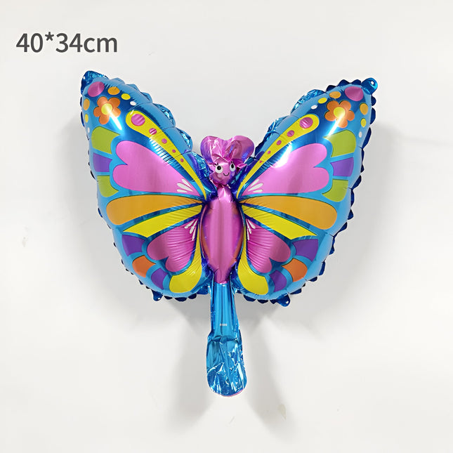 Balon din Folie Metalizata Mini Figurine, Model Fluturaș,Ambalaj Individual, Pai Inclus, Umflare cu Aer si Heliu