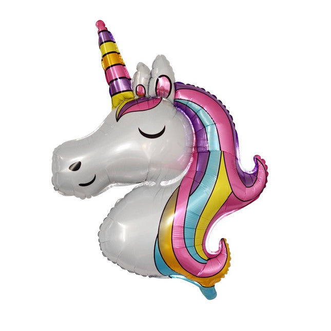 Balon din Folie Metalizata, Mini Figurine, Model Unicorn, Tematica Aniversare, 115x76 cm, Ambalaj Individual, Pai Inclus, Umflare cu Aer sau Heliu