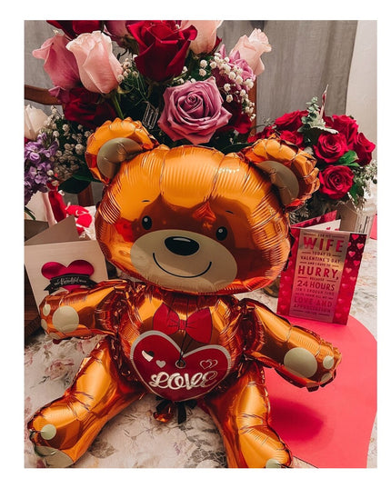 Balon din Folie Metalizata, Figurina Urs, Model Love, Tema Ziua Indragostitilor,Ambalaj Individual, Pai Inclus, Umflare cu Aer sau Heliu
