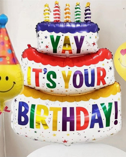 Balon din Folie Metalizata, Model Tort cu 3 Straturi, Balon Aniversar, Model Birthday Cake,Ambalaj Individual, Pai inclus, Umflare cu Aer sau Heliu