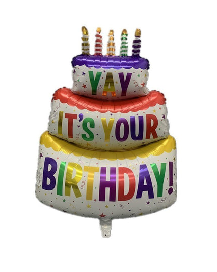 Balon din Folie Metalizata, Model Tort cu 3 Straturi, Balon Aniversar, Model Birthday Cake,Ambalaj Individual, Pai inclus, Umflare cu Aer sau Heliu