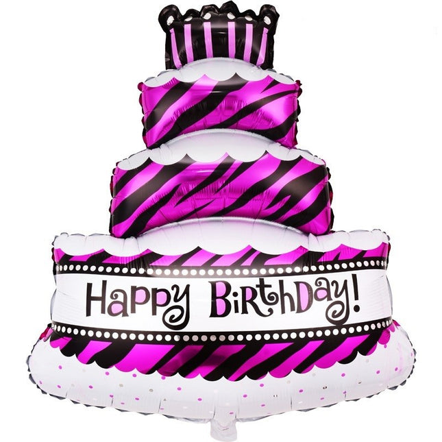 Balon din Folie Metalizata, Model Tort cu 4 Straturi, Balon Aniversar, Model Happy Birthday,Ambalaj Individual, Pai inclus, Umflare cu Aer sau Heliu