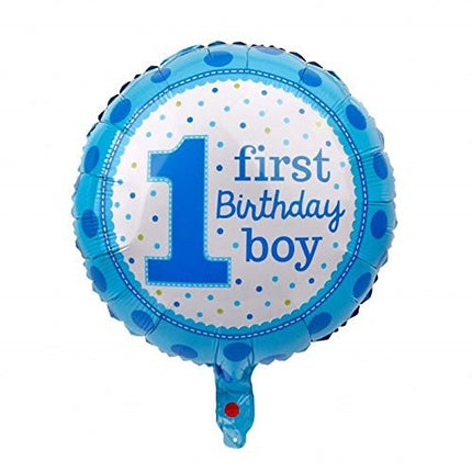 Balon din Folie Metalizata, Prima Aniversare, Model First Birthday Boy, 45 cm, Ambalaj Individual, Pai Inclus, Umflare cu Aer sau Heliu