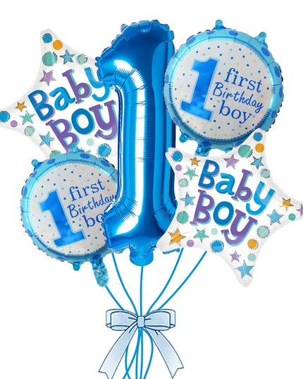 Balon din Folie Metalizata, Prima Aniversare, Model First Birthday Boy, 45 cm, Ambalaj Individual, Pai Inclus, Umflare cu Aer sau Heliu