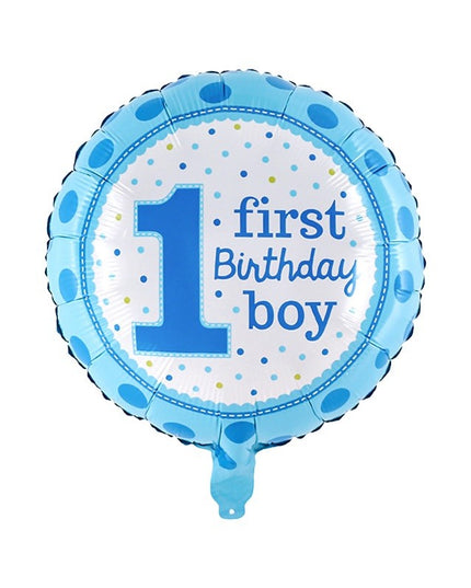 Balon din Folie Metalizata, Prima Aniversare, Model First Birthday Boy, 45 cm, Ambalaj Individual, Pai Inclus, Umflare cu Aer sau Heliu