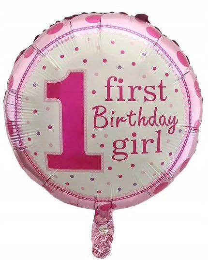 Balon din Folie Metalizata, Prima Aniversare, Model First Birthday Girl, 45 cm, Ambalaj Individual, Pai Inclus, Umflare cu Aer sau Heliu