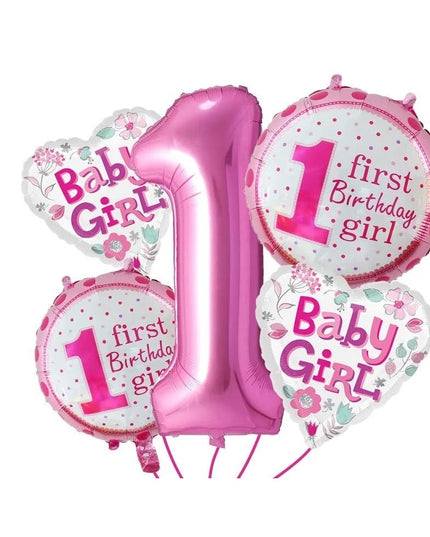 Balon din Folie Metalizata, Prima Aniversare, Model First Birthday Girl, 45 cm, Ambalaj Individual, Pai Inclus, Umflare cu Aer sau Heliu