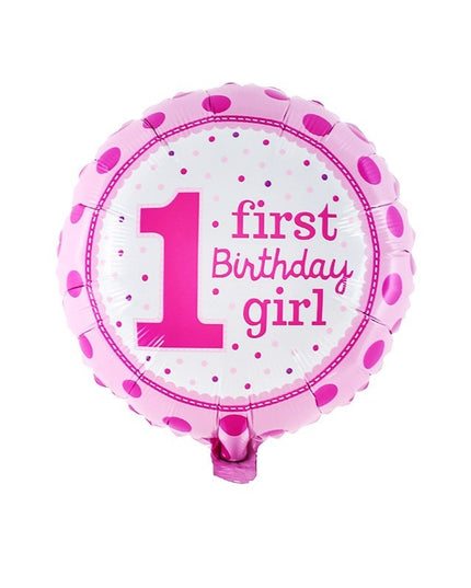 Balon din Folie Metalizata, Prima Aniversare, Model First Birthday Girl, 45 cm, Ambalaj Individual, Pai Inclus, Umflare cu Aer sau Heliu