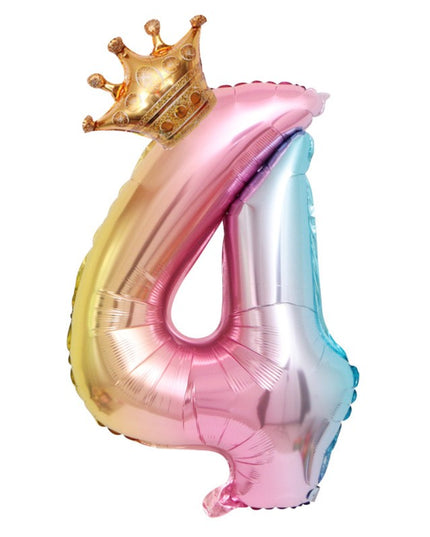 Balon din Folie Metalizata, Figurina Cifra Gradient, Tema Aniversare 80 cm, Ambalaj Individual, Pai inclus, Umflare cu Aer sau Heliu, Coronita, Cifra 4