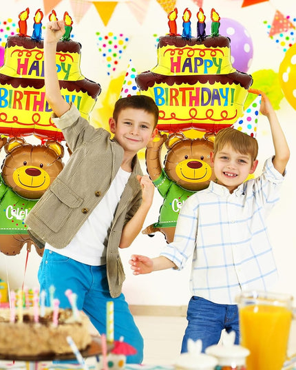 Balon din Folie Metalizata, Figurine Animalute, Model Ursulet cu Tort Aniversar,Ambalaj Individual, Pai Inclus, Umflare cu Aer sau Heliu