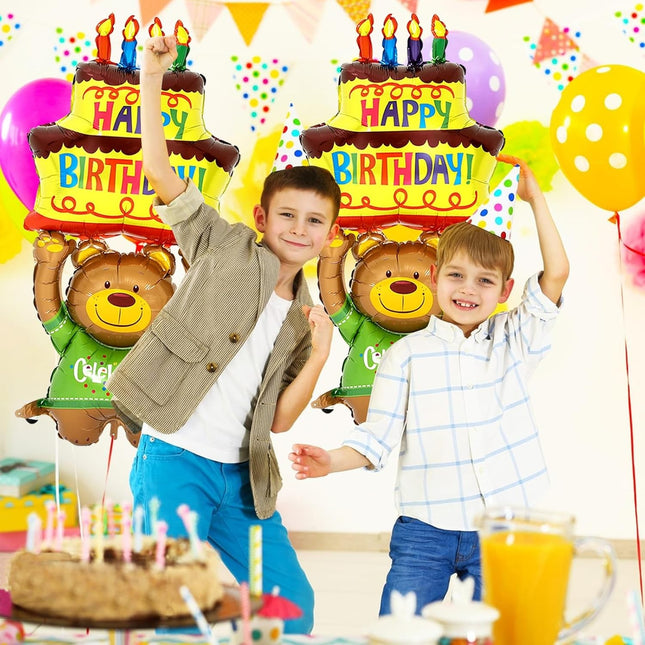 Balon din Folie Metalizata, Figurine Animalute, Model Ursulet cu Tort Aniversar,Ambalaj Individual, Pai Inclus, Umflare cu Aer sau Heliu