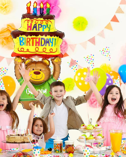 Balon din Folie Metalizata, Figurine Animalute, Model Ursulet cu Tort Aniversar,Ambalaj Individual, Pai Inclus, Umflare cu Aer sau Heliu