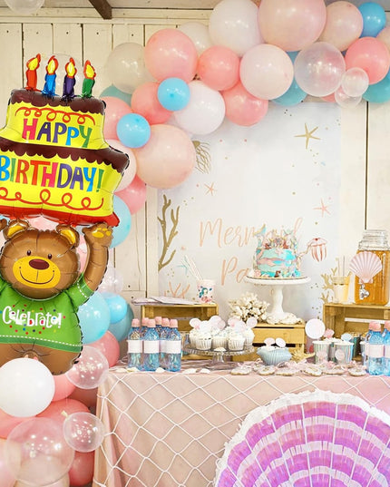 Balon din Folie Metalizata, Figurine Animalute, Model Ursulet cu Tort Aniversar,Ambalaj Individual, Pai Inclus, Umflare cu Aer sau Heliu