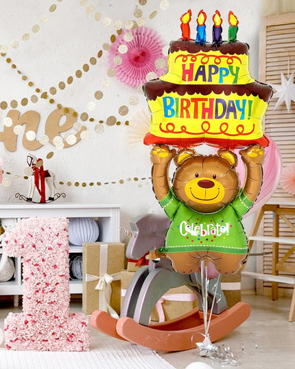 Balon din Folie Metalizata, Figurine Animalute, Model Ursulet cu Tort Aniversar,Ambalaj Individual, Pai Inclus, Umflare cu Aer sau Heliu