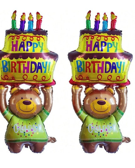 Balon din Folie Metalizata, Figurine Animalute, Model Ursulet cu Tort Aniversar,Ambalaj Individual, Pai Inclus, Umflare cu Aer sau Heliu