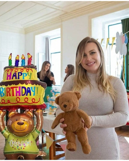 Balon din Folie Metalizata, Figurine Animalute, Model Ursulet cu Tort Aniversar,Ambalaj Individual, Pai Inclus, Umflare cu Aer sau Heliu