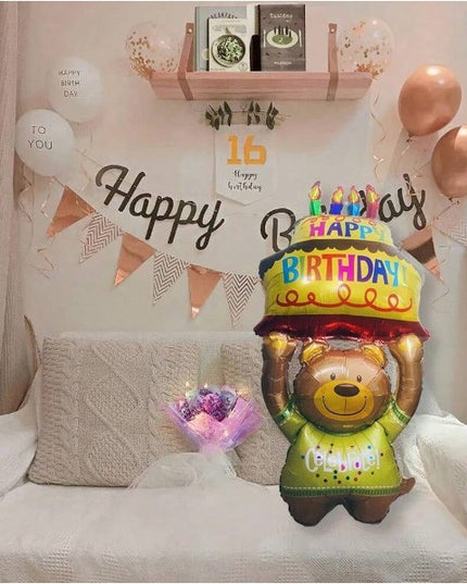 Balon din Folie Metalizata, Figurine Animalute, Model Ursulet cu Tort Aniversar,Ambalaj Individual, Pai Inclus, Umflare cu Aer sau Heliu