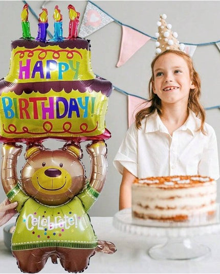 Balon din Folie Metalizata, Figurine Animalute, Model Ursulet cu Tort Aniversar,Ambalaj Individual, Pai Inclus, Umflare cu Aer sau Heliu