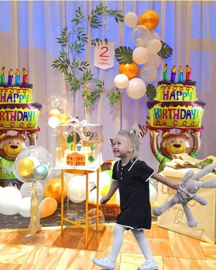 Balon din Folie Metalizata, Figurine Animalute, Model Ursulet cu Tort Aniversar,Ambalaj Individual, Pai Inclus, Umflare cu Aer sau Heliu