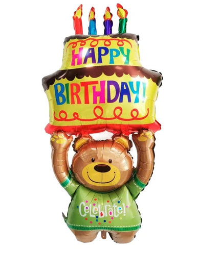 Balon din Folie Metalizata, Figurine Animalute, Model Ursulet cu Tort Aniversar,Ambalaj Individual, Pai Inclus, Umflare cu Aer sau Heliu