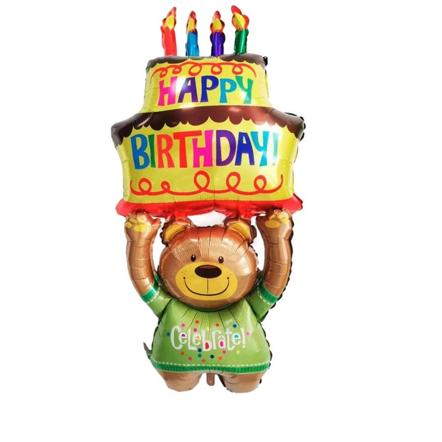 Balon din Folie Metalizata, Figurine Animalute, Model Ursulet cu Tort Aniversar,Ambalaj Individual, Pai Inclus, Umflare cu Aer sau Heliu