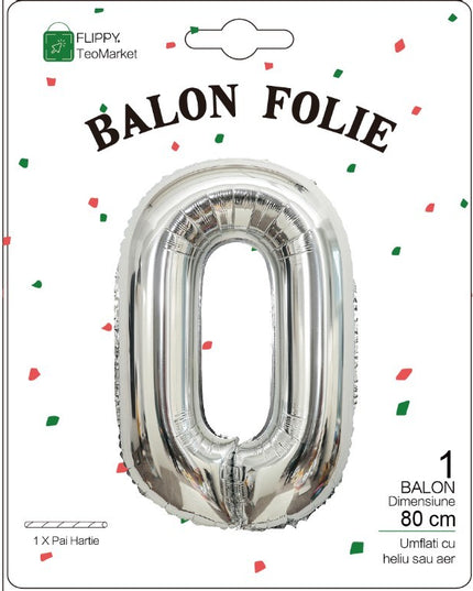 Balon din Folie Metalizata Figurina Cifra, Tema Aniversare 80 cm, Ambalaj Individual, Pai inclus, Umflare cu Aer sau Heliu,Cifra 0