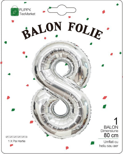 Balon din Folie Metalizata Figurina Cifra, Tema Aniversare 80 cm, Ambalaj Individual, Pai inclus, Umflare cu Aer sau Heliu,Cifra 8