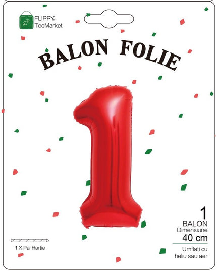 Balon din Folie Metalizata Figurina Cifra, Tema Aniversare 40 cm, Ambalaj Individual, Pai inclus, Umflare cu Aer sau Heliu,Cifra 1