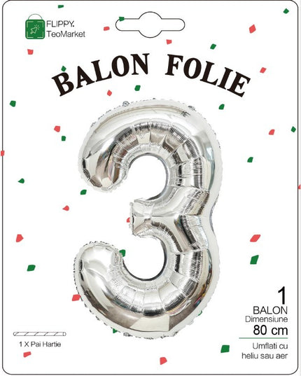 Balon din Folie Metalizata Figurina Cifra, Tema Aniversare 80 cm, Ambalaj Individual, Pai inclus, Umflare cu Aer sau Heliu,Cifra 3