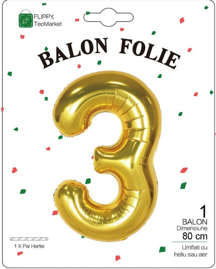Balon din Folie Metalizata Figurina Cifra, Tema Aniversare 80 cm, Ambalaj Individual, Pai inclus, Umflare cu Aer sau Heliu,Cifra 3