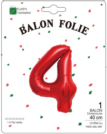 Balon din Folie Metalizata, Figurina Cifra, Tema Aniversare 80 cm, Ambalaj Individual, Pai inclus, Umflare cu Aer sau Heliu,Cifra 4