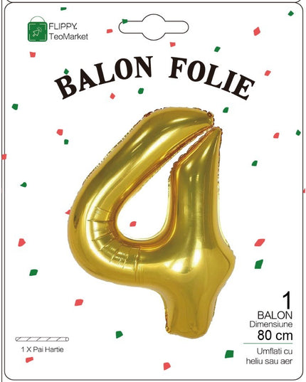 Balon din Folie Metalizata, Figurina Cifra, Tema Aniversare 80 cm, Ambalaj Individual, Pai inclus, Umflare cu Aer sau Heliu,Cifra 4