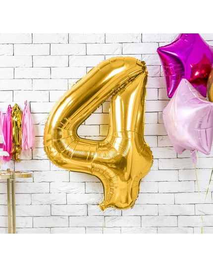 Balon din Folie Metalizata, Figurina Cifra, Tema Aniversare 80 cm, Ambalaj Individual, Pai inclus, Umflare cu Aer sau Heliu,Cifra 4