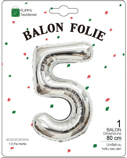 Balon din Folie Metalizata Figurina Cifra, Tema Aniversare 80 cm, Ambalaj Individual, Pai inclus, Umflare cu Aer sau Heliu,Cifra 5