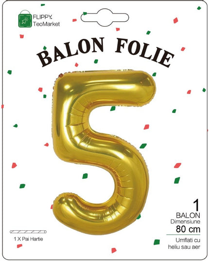 Balon din Folie Metalizata Figurina Cifra, Tema Aniversare 80 cm, Ambalaj Individual, Pai inclus, Umflare cu Aer sau Heliu,Cifra 5