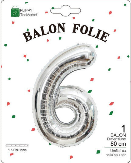 Balon din Folie Metalizata Figurina Cifra, Tema Aniversare 80 cm, Ambalaj Individual, Pai inclus, Umflare cu Aer sau Heliu,Cifra 6