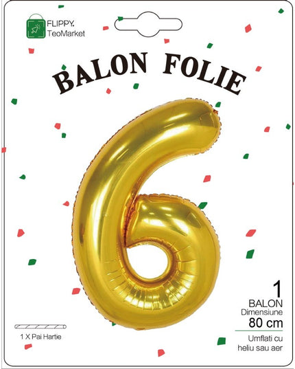 Balon din Folie Metalizata Figurina Cifra, Tema Aniversare 80 cm, Ambalaj Individual, Pai inclus, Umflare cu Aer sau Heliu,Cifra 6