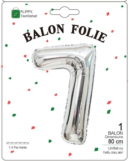 Balon din Folie Metalizata Figurina Cifra, Tema Aniversare 80 cm, Ambalaj Individual, Pai inclus, Umflare cu Aer sau Heliu,Cifra 7