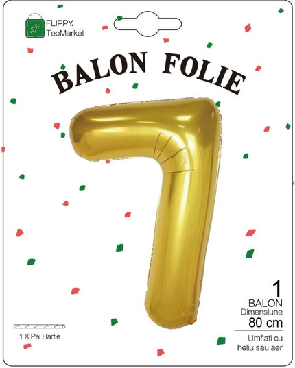 Balon din Folie Metalizata Figurina Cifra, Tema Aniversare 80 cm, Ambalaj Individual, Pai inclus, Umflare cu Aer sau Heliu,Cifra 7