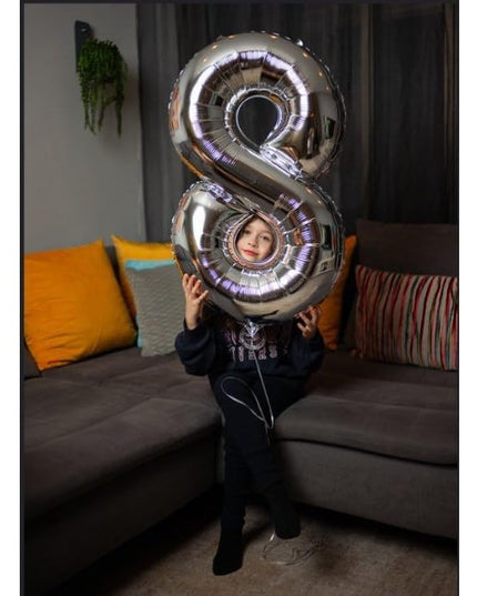 Balon din Folie Metalizata Figurina Cifra, Tema Aniversare 80 cm, Ambalaj Individual, Pai inclus, Umflare cu Aer sau Heliu,Cifra 8