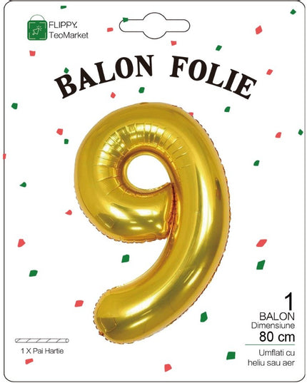 Balon din Folie Metalizata Figurina Cifra, Tema Aniversare 80 cm, Ambalaj Individual, Pai inclus, Umflare cu Aer sau Heliu,Cifra 9